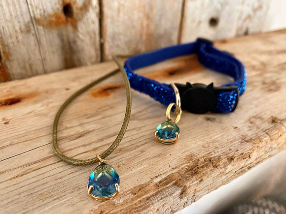 Seafoam blue gem matching cat collar & coordinated necklace sets