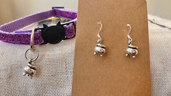 Witchy cauldron matching cat collar & coordinated earring sets 925 silver