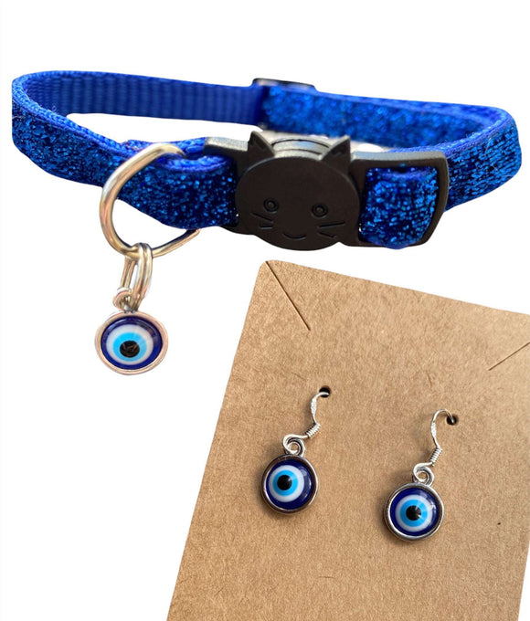 Evil eye matching cat collar & coordinated earring sets 925 silver